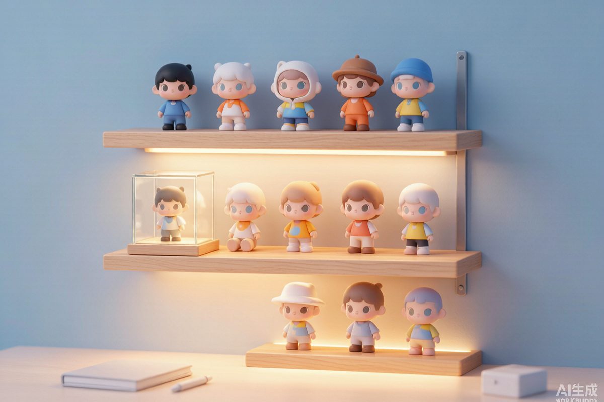 A well-lit display shelf of blind box figures