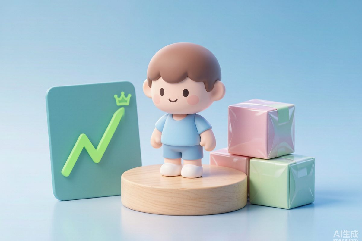 Blind box figure on a podium next to a price chart