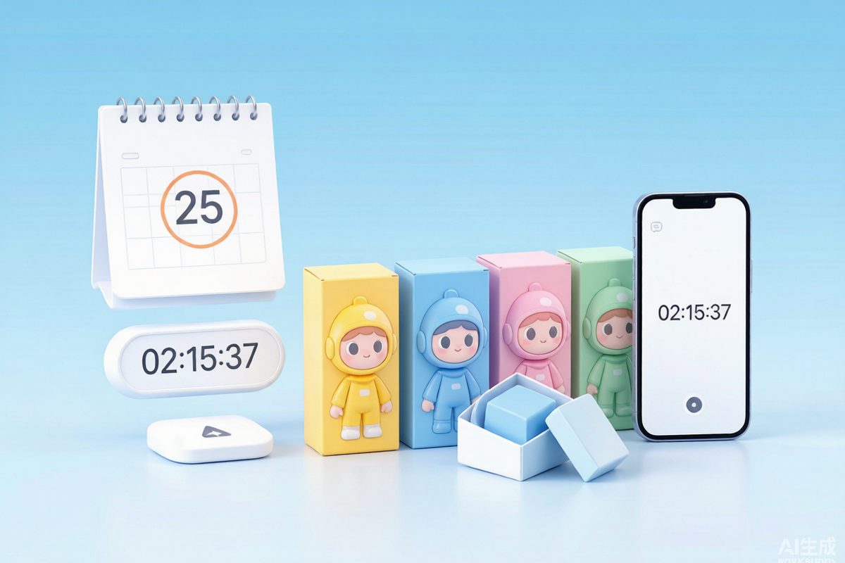 A row of blind boxes with a sell-through tag