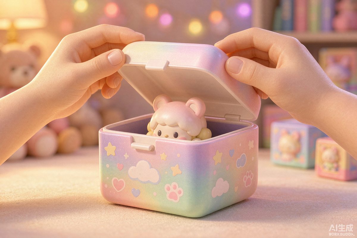 Hands carefully opening a colorful blind box with anticipation, soft lighting creating cozy atmosphere